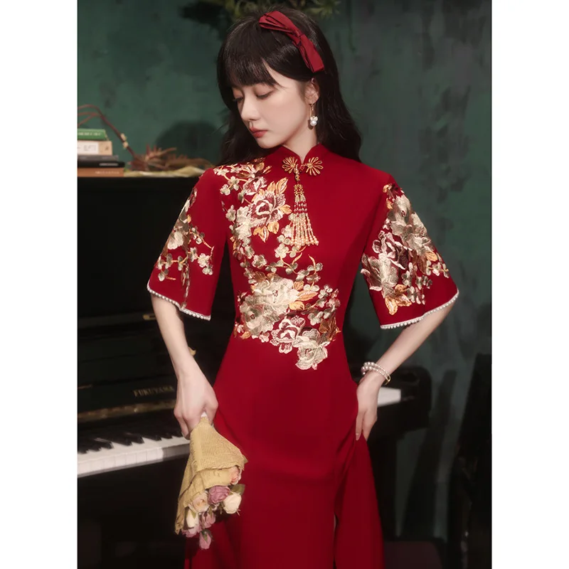 

Embroidery Floral A-Line Cheongsam Butterfly Sleeve Dresses Tassel Exquisite Lady Dress Vintage Button Mandarin Collar Vestidos