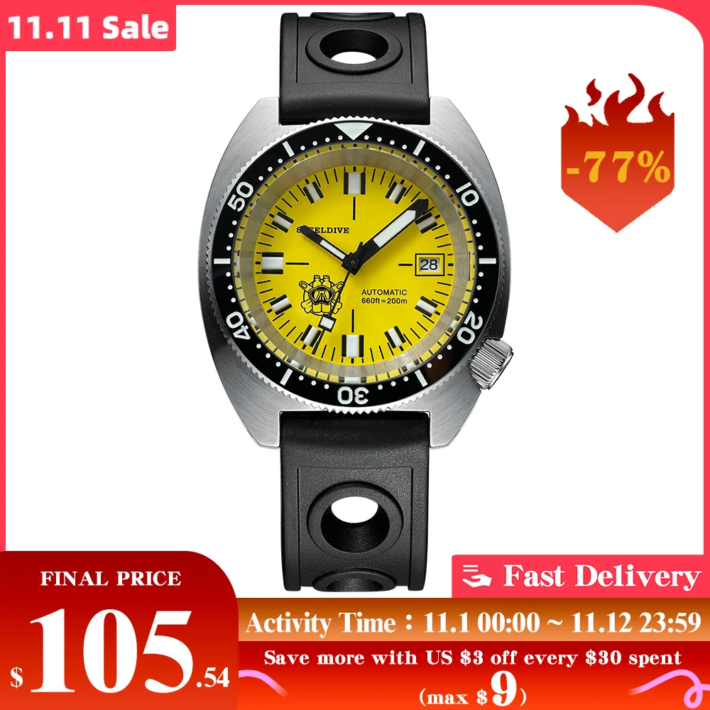 Купить Новинка 2022, механические наручные часы STEELDIVE SD1977T, тонкие мужские водонепроницаемые супер светящиеся часы для дайвинга до 20 бар Abalone SUB300T