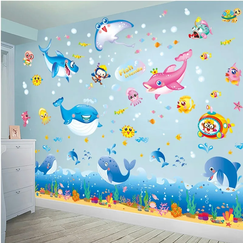 

Наклейки на стену «Океанский мир», виниловые Стикеры «сделай сам» с изображением животных, рыб, морских водорослей, для детских комнат, детс...
