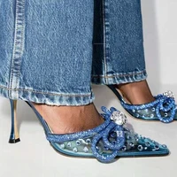 pvc designer women bow knot high heel sandals ladies summer crystal heeled sexy rhinestones transparent mules prom