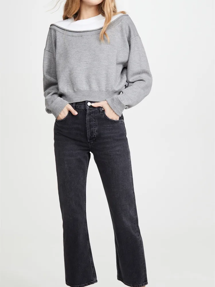 Women Jeans Zipper Pockets Solid Color Straight Ankle-Length Simple Cotton Denim Pants