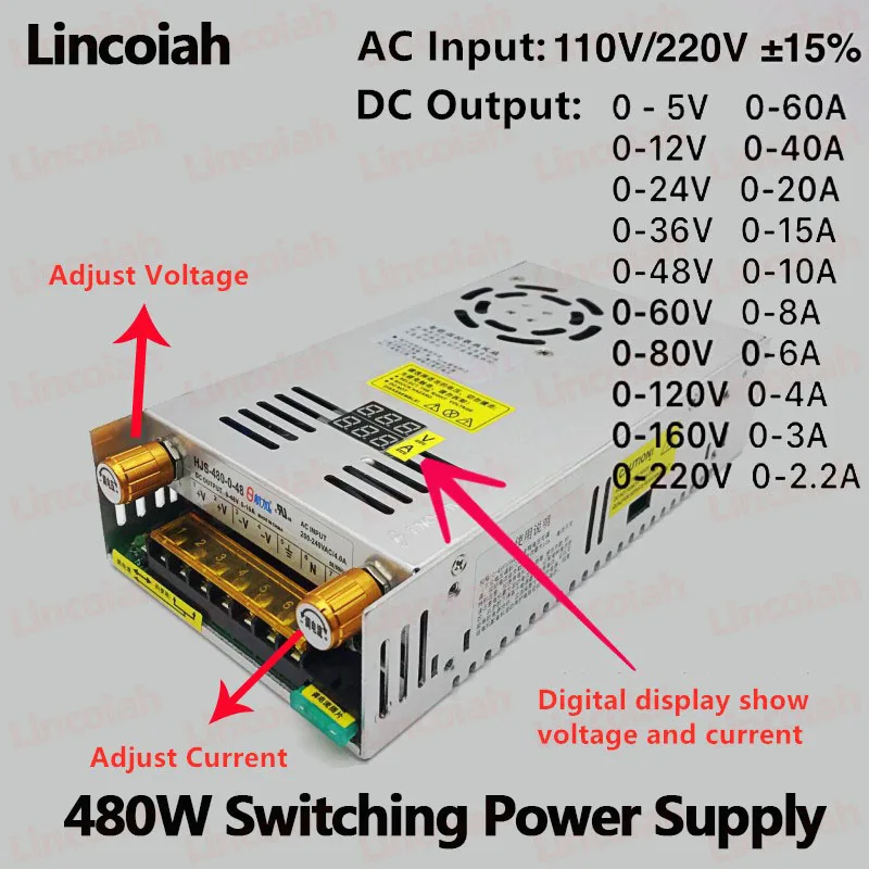 Fonte de Alimentação 500w 480w Interruptor Ajustável ac 110 220v para dc 024v 036v 048v Regulador de Tensão Visor Digital Smps para Led