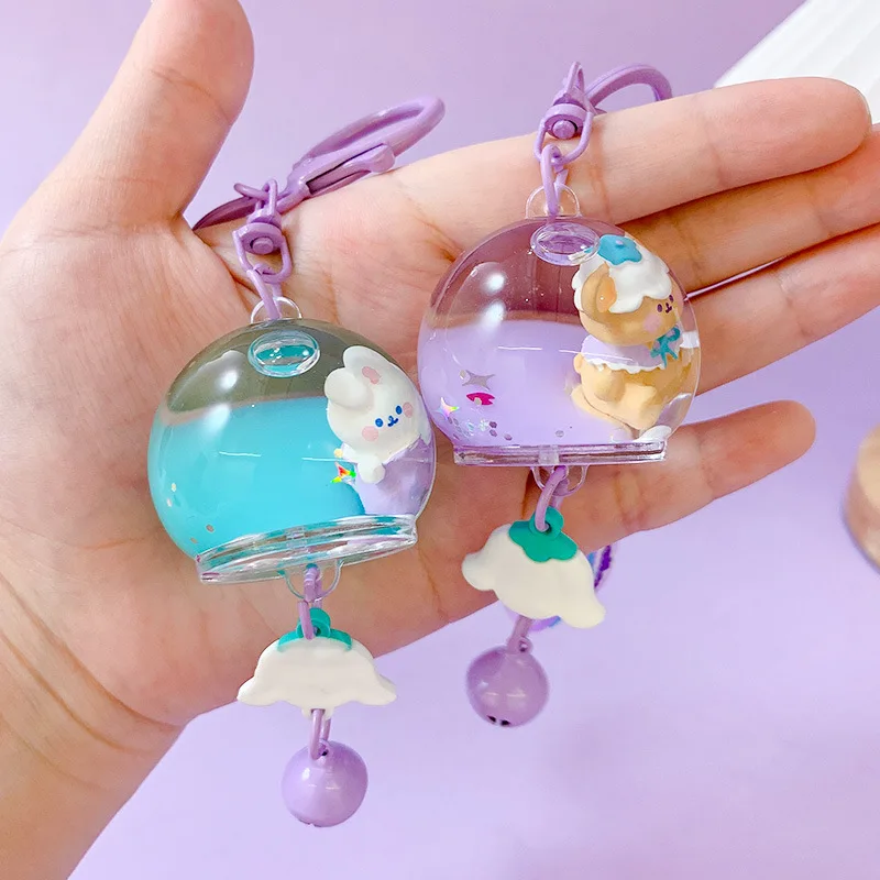 Cartoon Spring Orchid Wind Chimes Cup Keychain Moving Liquid Quicksand Rabbit Bear Key Ring for Women Girl Car Bag Keyfob Gifts