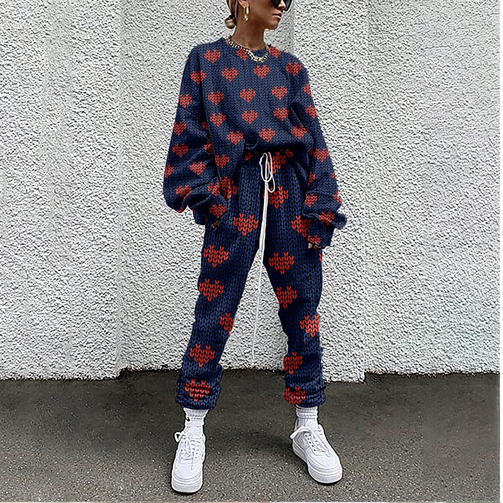 

Women Fashion Two Piece Set Suit Outfits Knitting Print Casual Sport Suit Winter Woman Set Autumn Women Tracksuit Lady