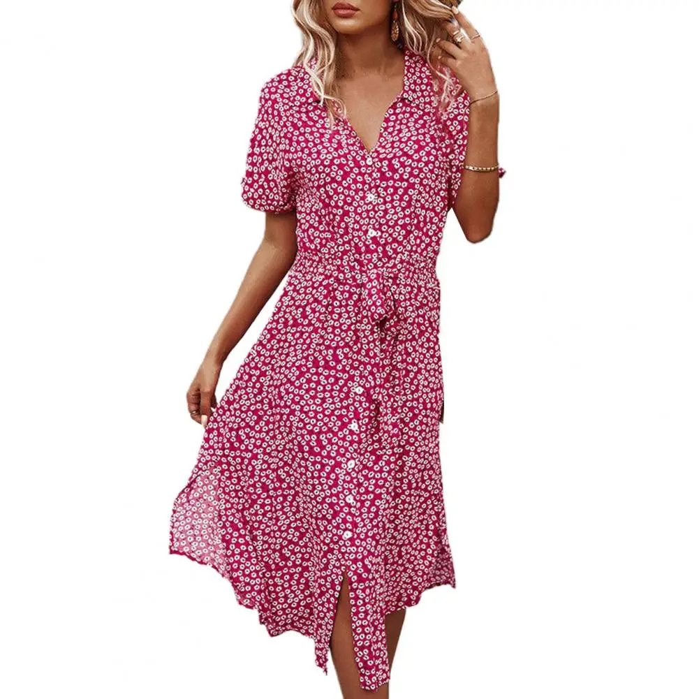 

Party Elegant Dresses Vestidos Lapel V-neck Short Sleeve Dress Single-breasted Belt Split Hem Sweet Floral Print Shirt Dress