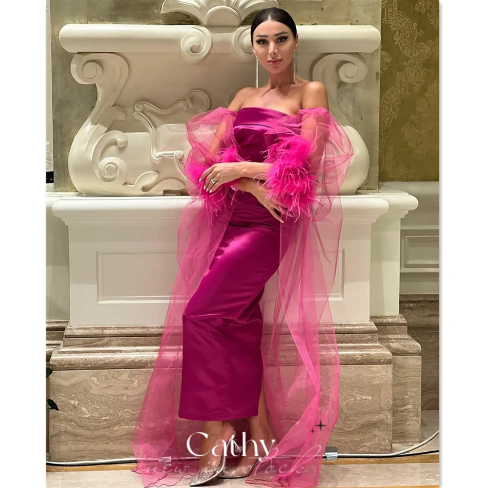 

Cathy Strapless Straight Prom Dresses 2023 Rose Pink Evening Dress Feather Sleeve فستان سهرة Floor Length Satin Robe De Soirée