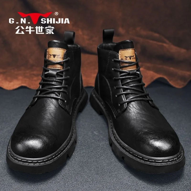

High quality Bull Aristocratic Family Men's Shoes Autumn Martin Boots High Top British Retro Workwear Short Middle Leather