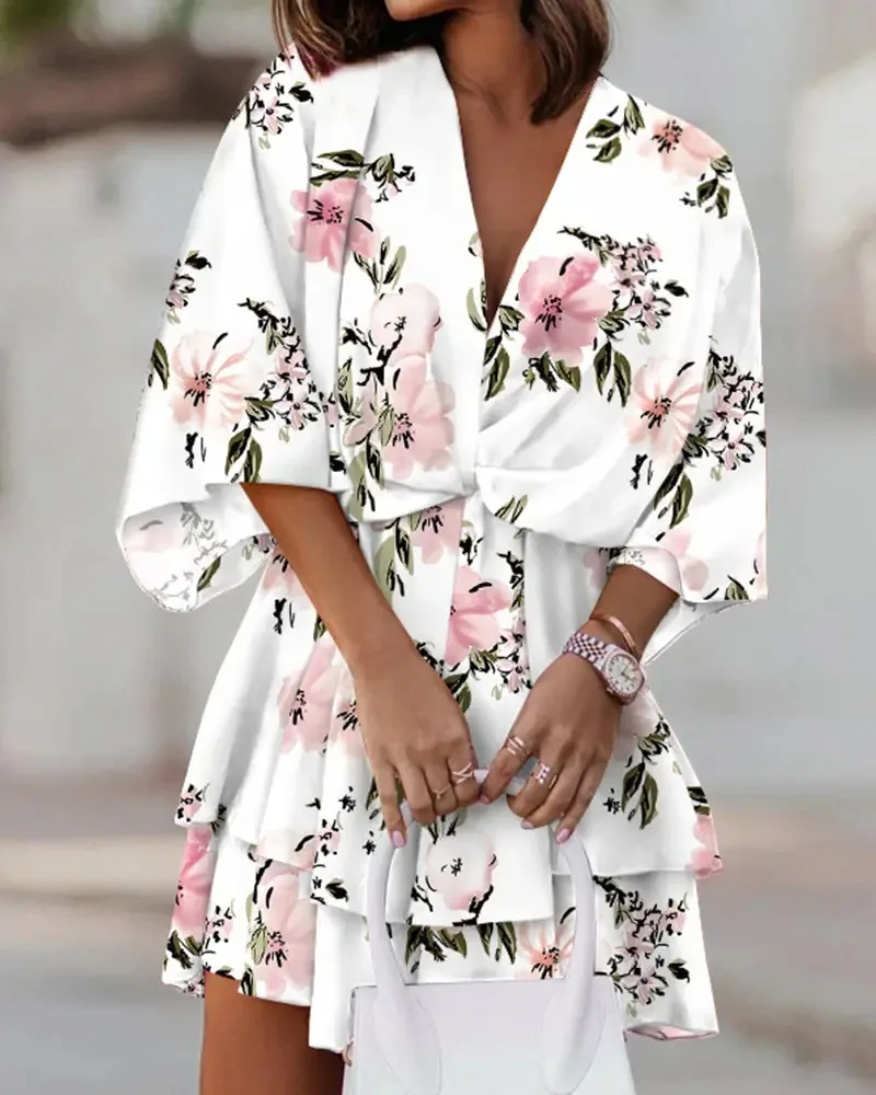 

2023 New Women Sexy V-neck Dress Printed Flowers Holiday Dress Ruffles Holiday Beach Dress Bat Sleeves Spring Dress 9 Styles