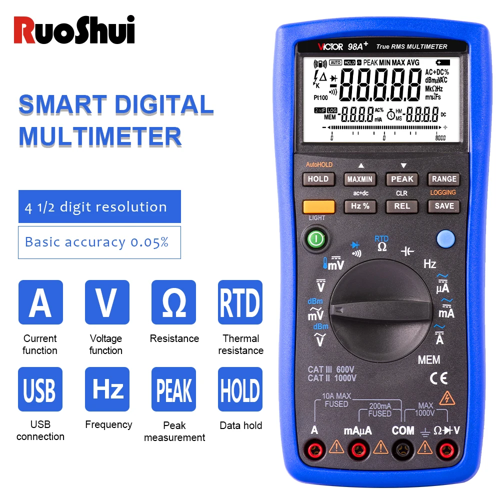 Victor 98A Multimeter TRUE RMS 22000 Counts RTD PT100 Thermocouple Tester LCD Backlight Portable USB AC/DC Ammeter Ohm Voltmeter