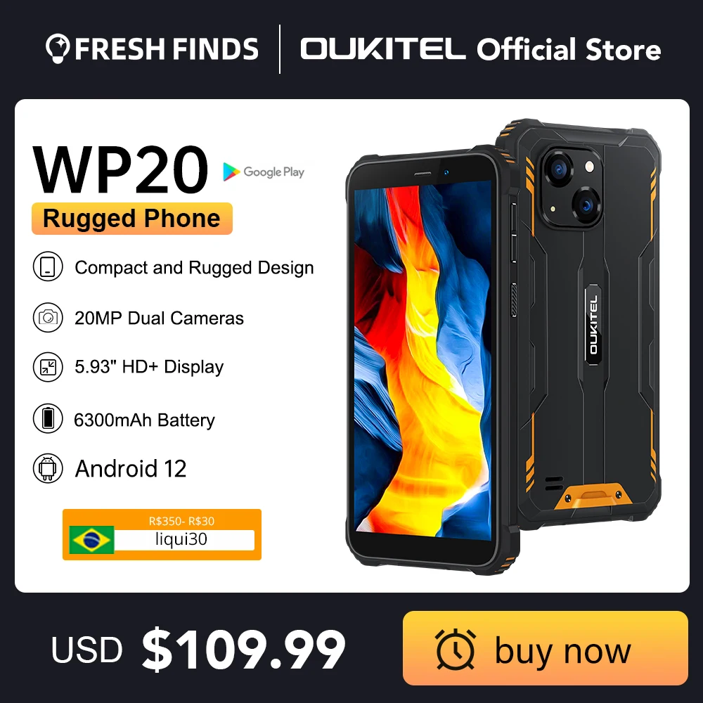 Oukitel WP20 Rugged Phone 5.93 HD+ 4G+32G 6300 mAh Android 12 Mobile Phone 20M Quad Core Cell phone