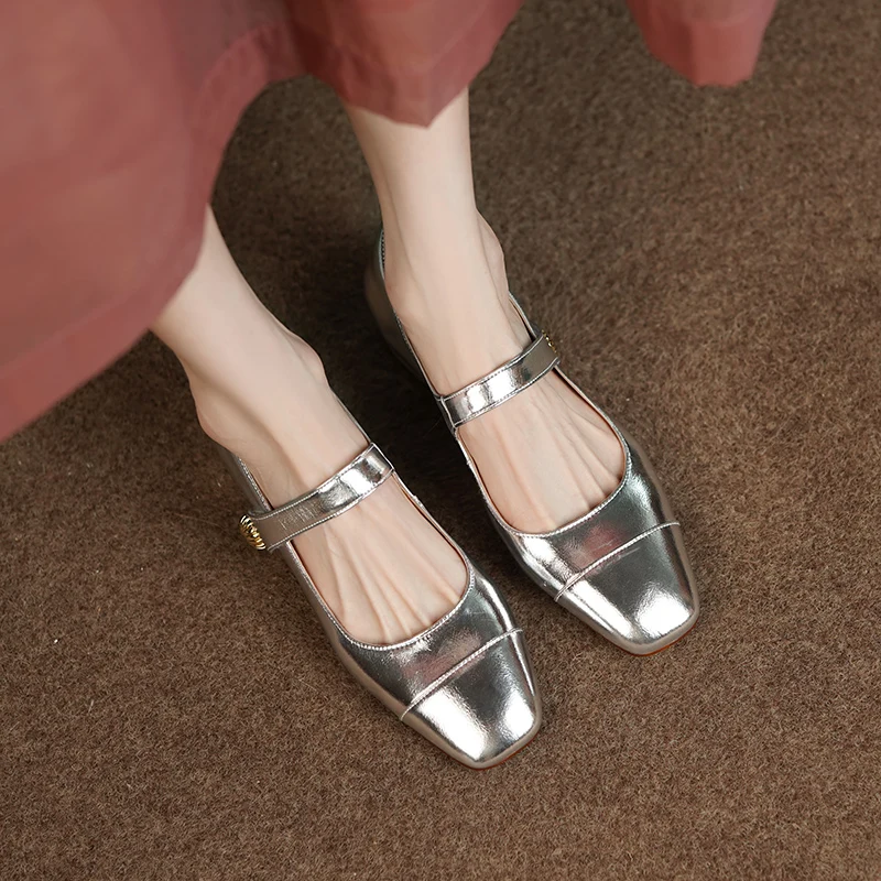 Spring cow leather women's shoes square toe stitching thin belt buckle metal decoration medium heel thick heel women's shoes
