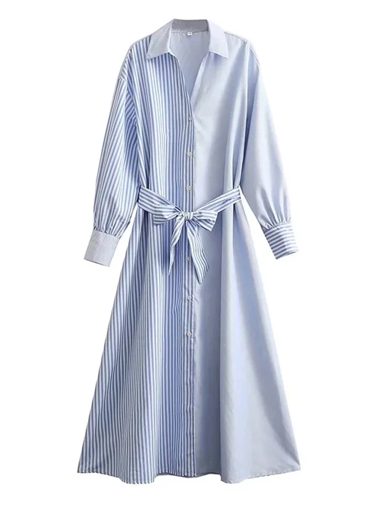 

Женское однобортное платье Evfer в стиле пэчворк с полосатым принтом, синее Повседневное платье-рубашка с отложным воротником и поясом для де...