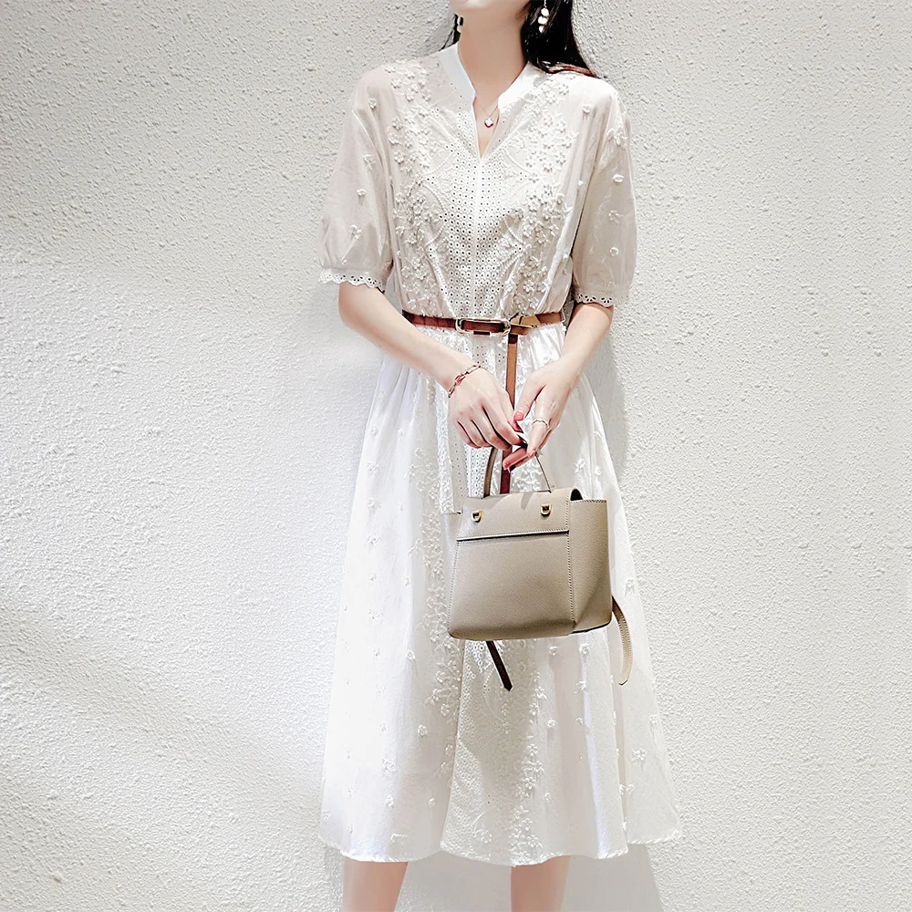 

New Fresh Elegant Women Dress Fashion Casual Half Sleeve Floral Embroidery Patchwork Dress Pullover Spring A-line Ladies Dress