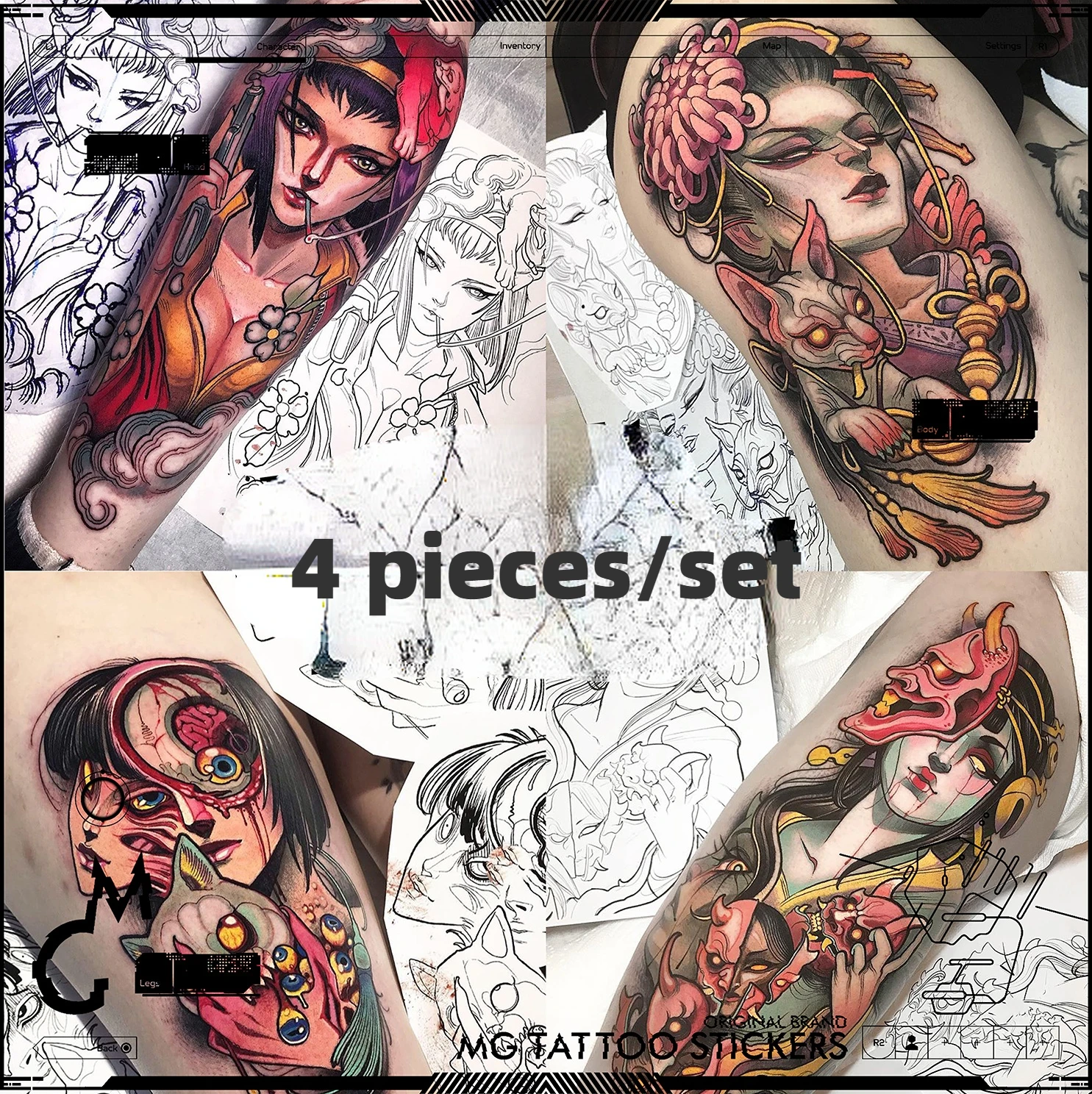 

4 Pieces/Set 15*21cm High Quality Dark Color Flower Arm Tomie Kawakami Reproduces Prajna Geisha Oiran Japanese Tattoo Sticker