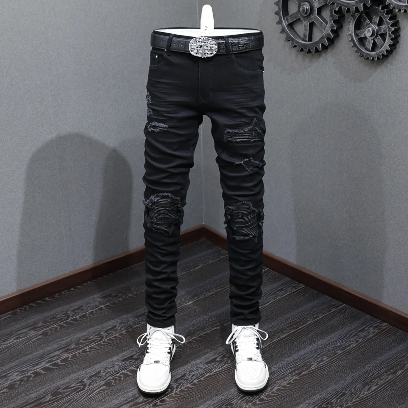 High Street Fashion Men Jeans Black Stretch Elastic Skinny Ripped Jeans Men Broken Leather Patched Designer Hip Hop Brand Pants