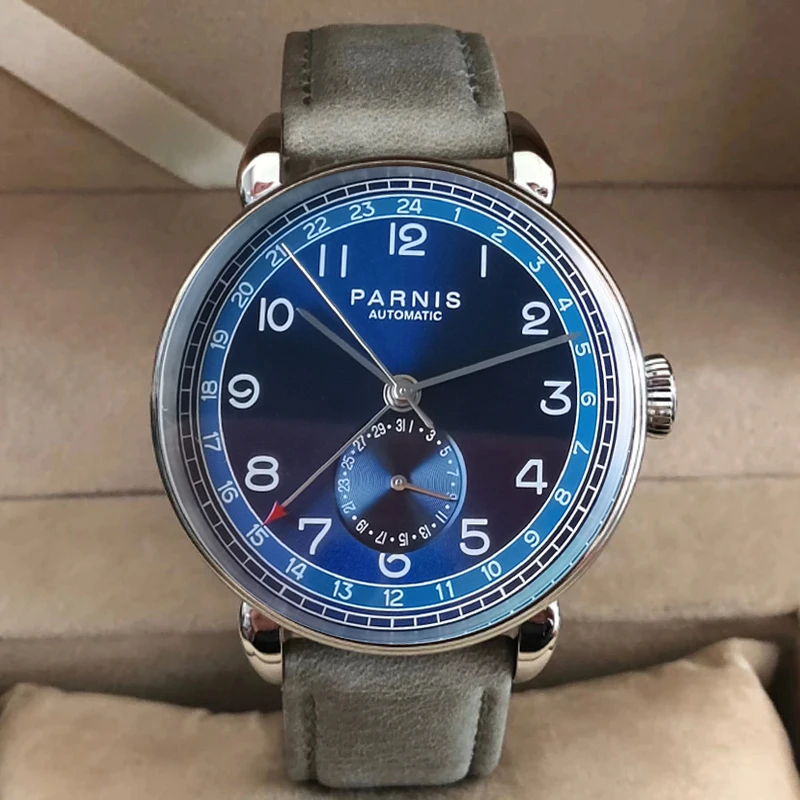 

Fashion Parnis 42mm Blue Dial Automatic Mechanical Men's Watch Calendar Leather Strap GMT Watches For Men reloj hombre Man Clock