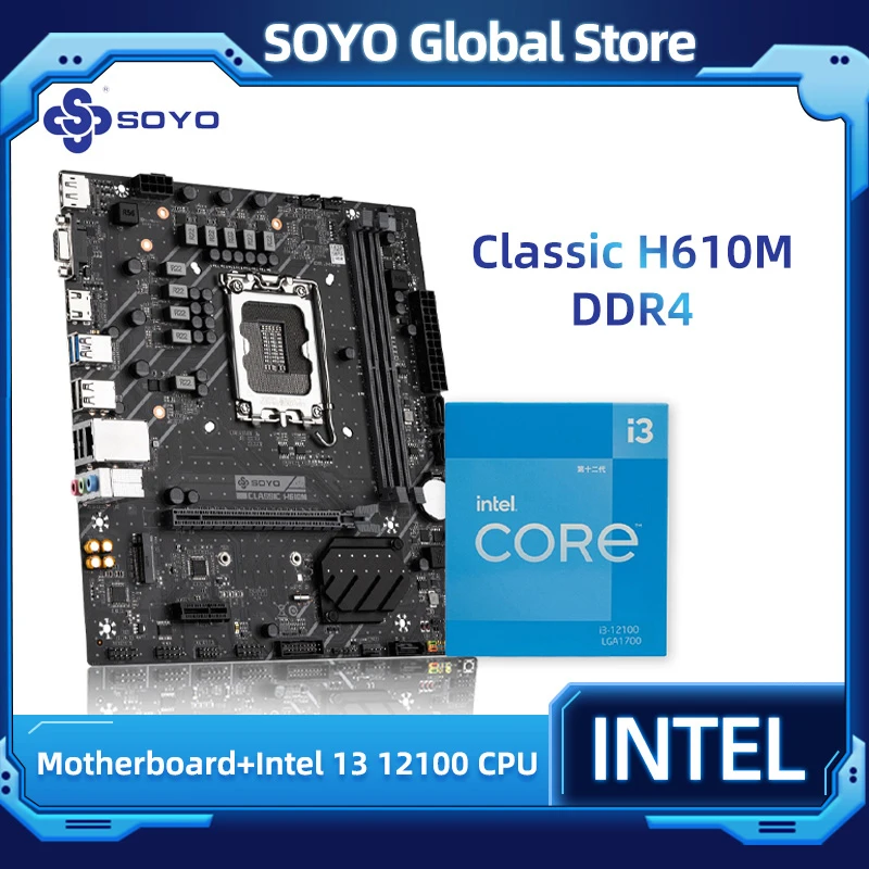 

Новая классическая материнская плата SOYO H610M с процессором Intel I3 12100 12-го поколения, двухканальный DDR4 M.2 USB3.2 DP Интерфейс
