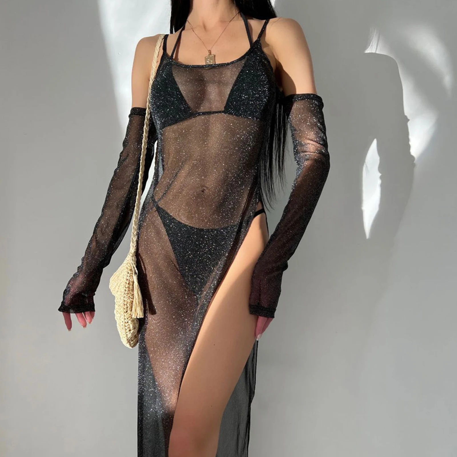 

Пикантный купальник, накидка с полурукавом, прозрачный купальный костюм, блузка из полиэстера, свободная однотонная сетчатая пляжная одежда на лето