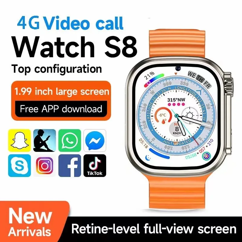 4G Smart Watch Google Play  Android 9.0 for Men Full Touch Screen 1000 mA Battery for Women Watch S8 Ultra Free Shipping