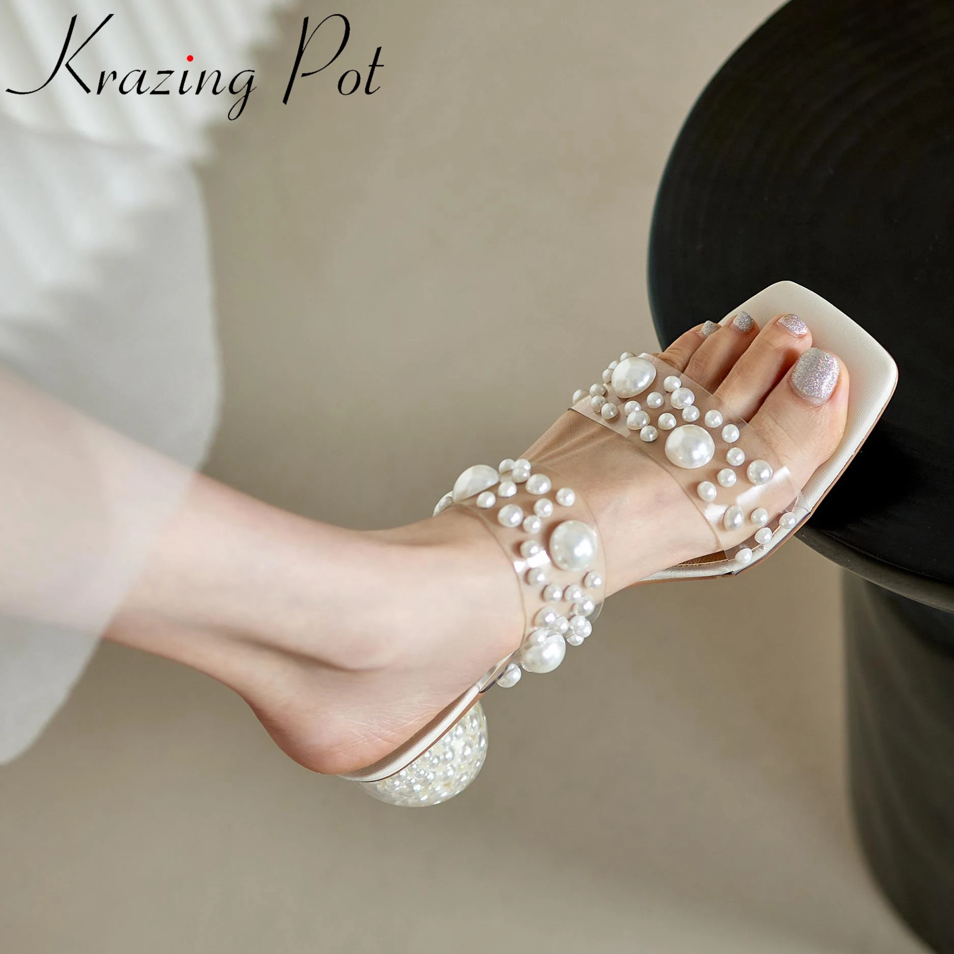 

Krazing Pot PVC Sheepskin Strange Style Med Heels Elegant Summer Shoes Peep Toe Slip on Pearl-studded Holiday Fairy Lady Sandals