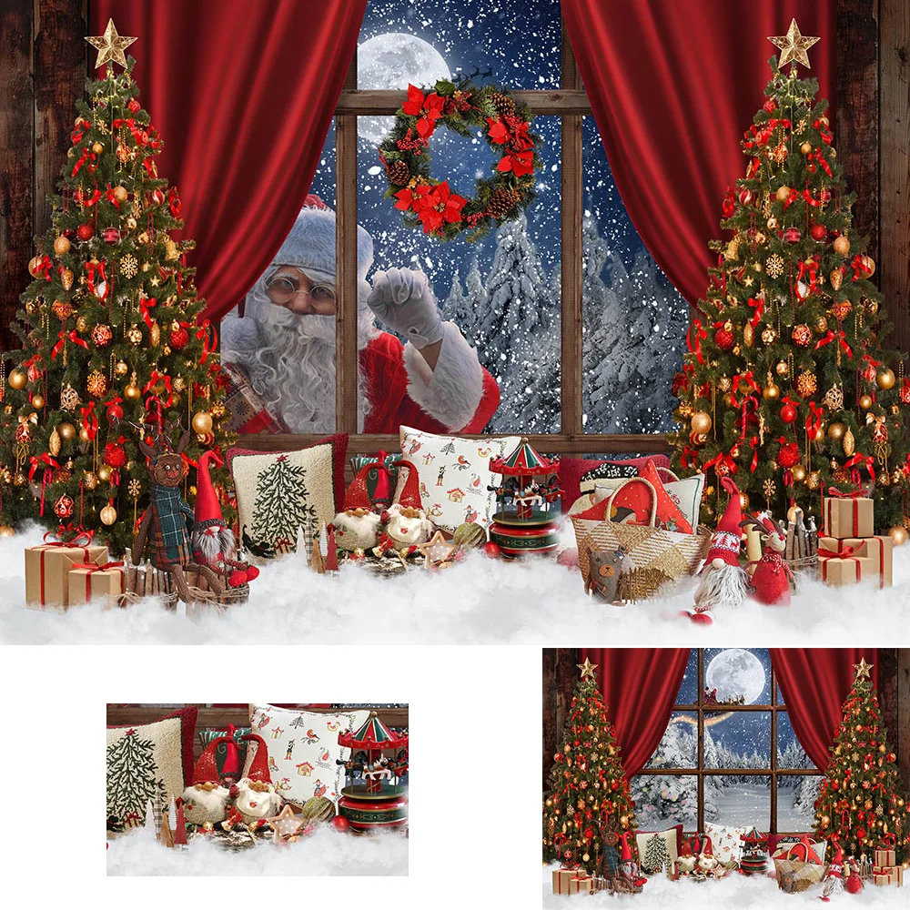 

Santa Claus Christmas Night Decoration Backdrop Poster Xmas Tree Toy Gift Photography Background Family Winter Party Photobooth