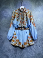 2022 summer new designer womens high quality floral print shirts belt shorts two piece set f036