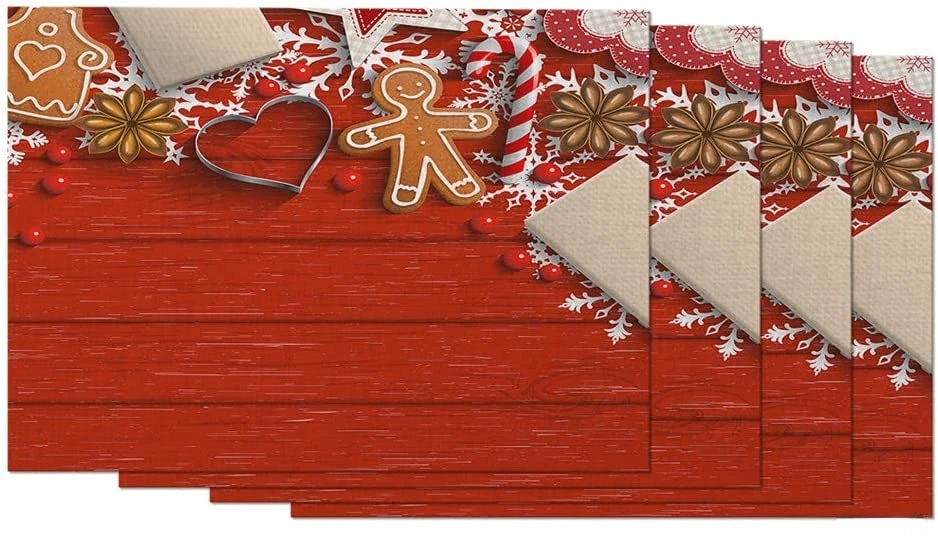 

Christmas Place Mats 12x18 Inch Gingerbread Cookies Spices Candy Heart Red Berries Snowflake Table Placemats Set of 4 for Dining