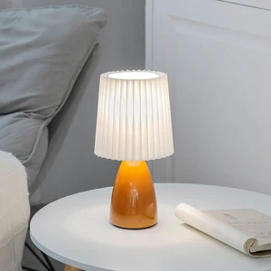 Nordic Pleated Fabric Table Lamp Modern Girl Bedroom Bedside LED Night Light Lighting Fixtures Home Atmosphere Ceramic Desk Lamp