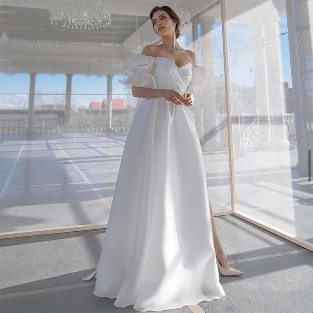 

Vestido De Noiva Boho Simples E Moderno Para Casamento De Cetim Bolha Manga Curta Com Capa