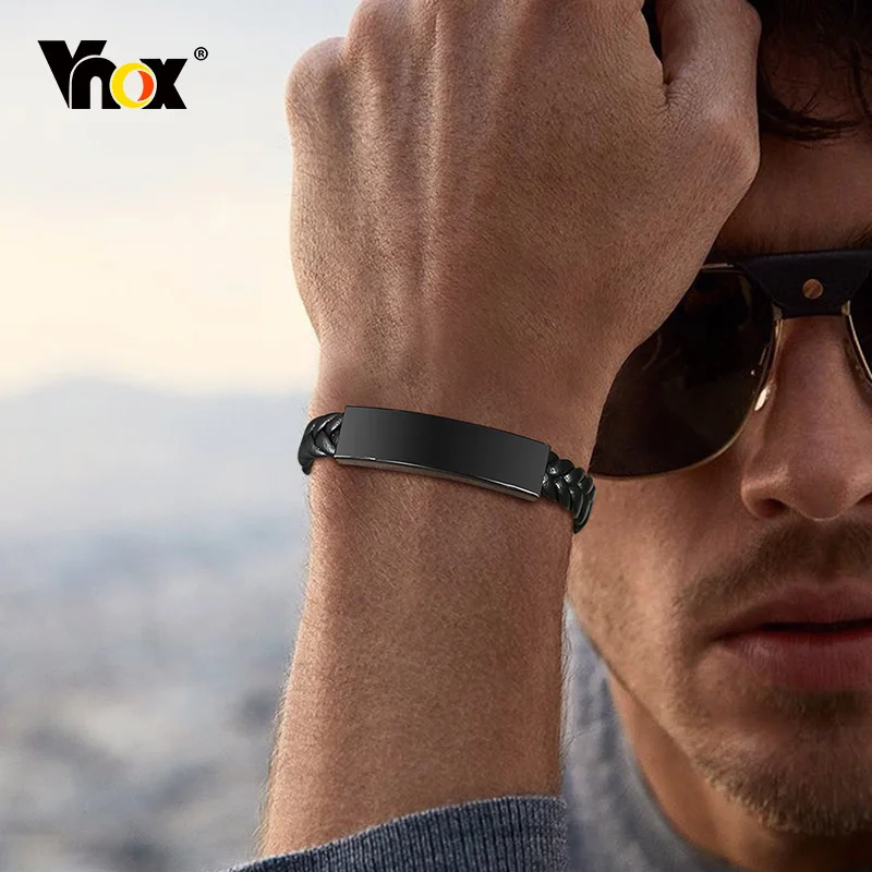 

Vnox Free Engraving Bracelets for Men, 12mm Braided Leather Cuff Bangle, Custom Gift for Dad Him