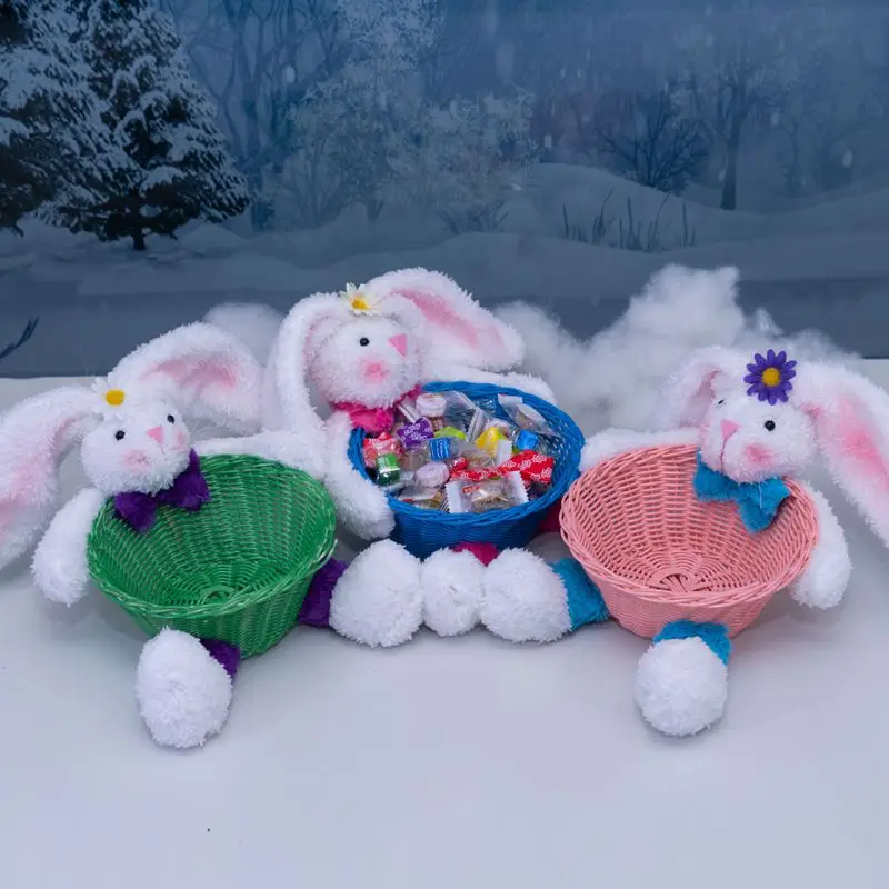 

New plush rabbit tabletop ornaments plastic rattan fruit snack baskets holiday decorations