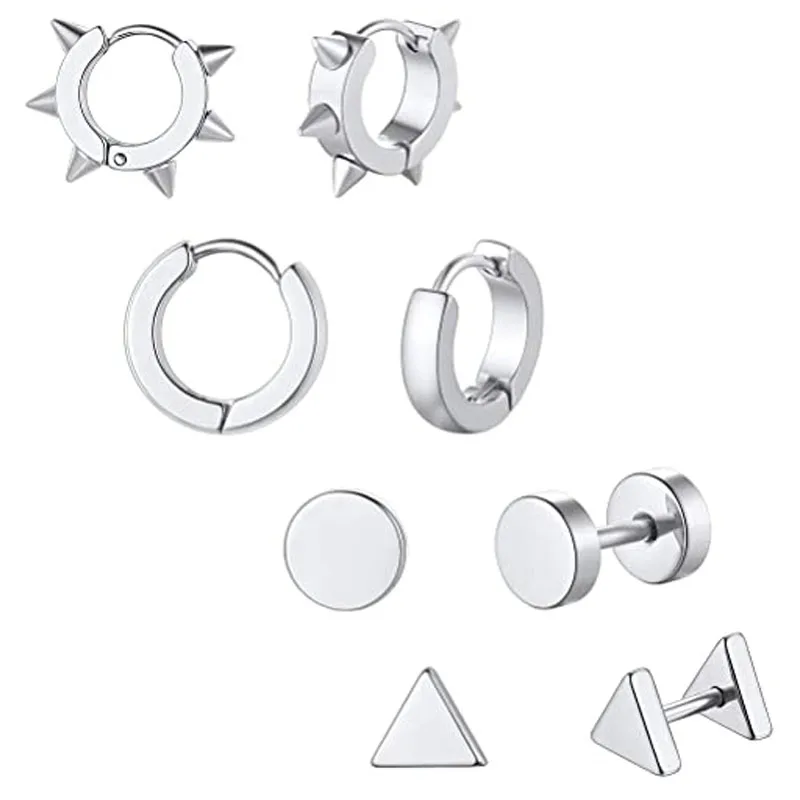 

4 Pairs Stainless Steel Hinged Huggie Hoop Earrings for Men Women Punk Dangle Spikes/Cross Piercing Earring Set Steel