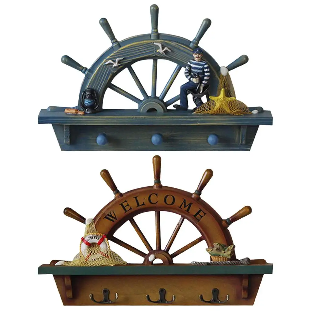 

Wood Coat Key Rack Bar Background Clothes Handbag Towel Robes Hat Hanger Half Rudder Iron Anchor Gifts Nautical Wall Decor