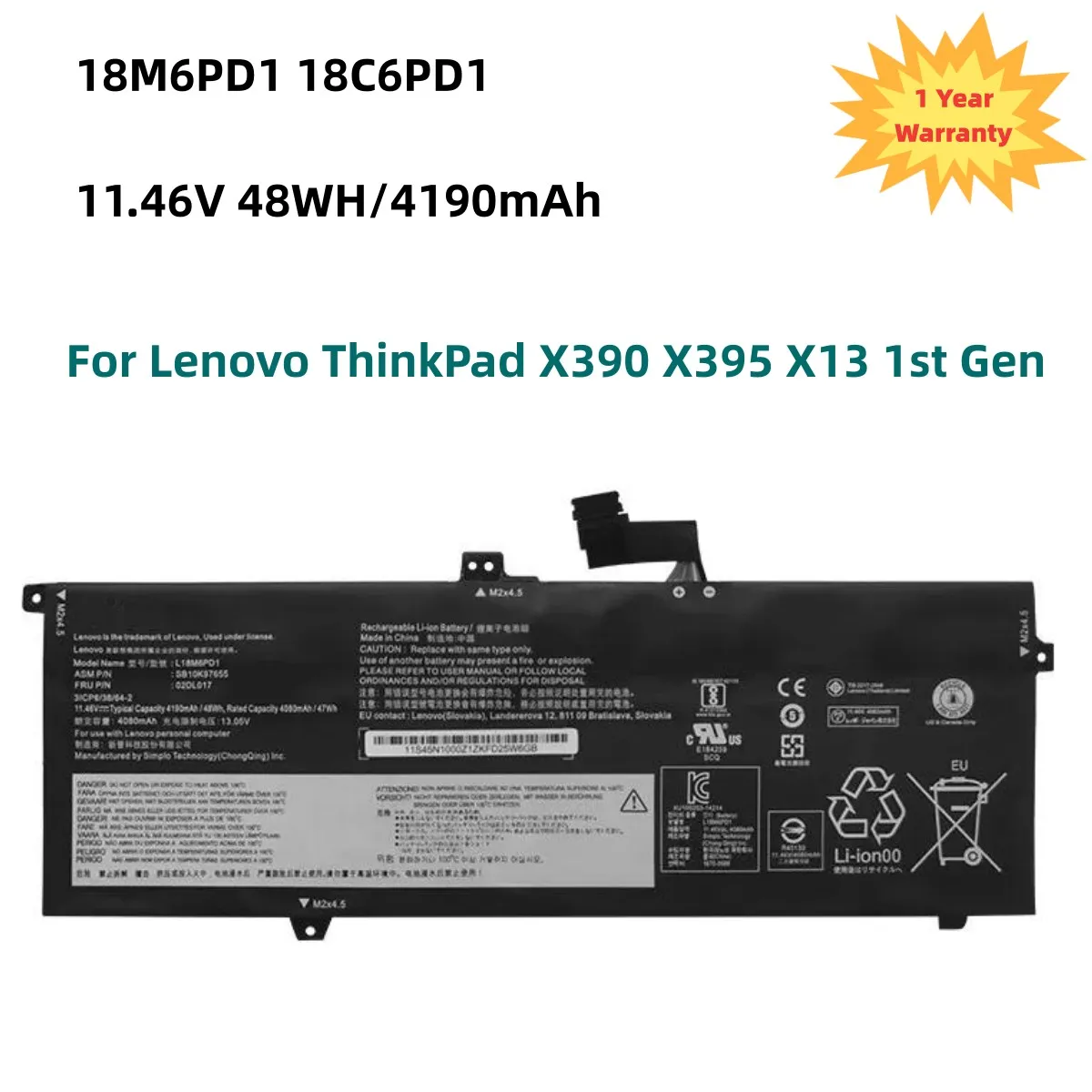 Аккумулятор L18M6PD1 для Lenovo ThinkPad X390 X395 X13 серия 1-го поколения L18C6PD1 L18L6PD1 02DL017 SB10K97655