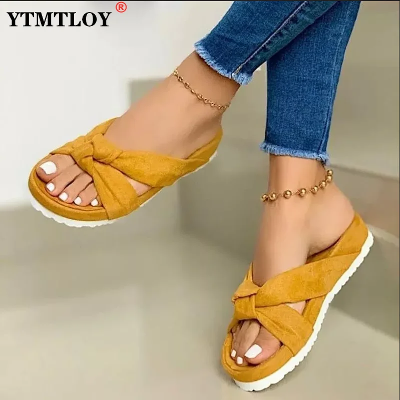 

Women Flock Knot Slippers Female Casual Open Toe Slides Ladies Summer Platform Flat Women's Comfortable Shoes Plus Size