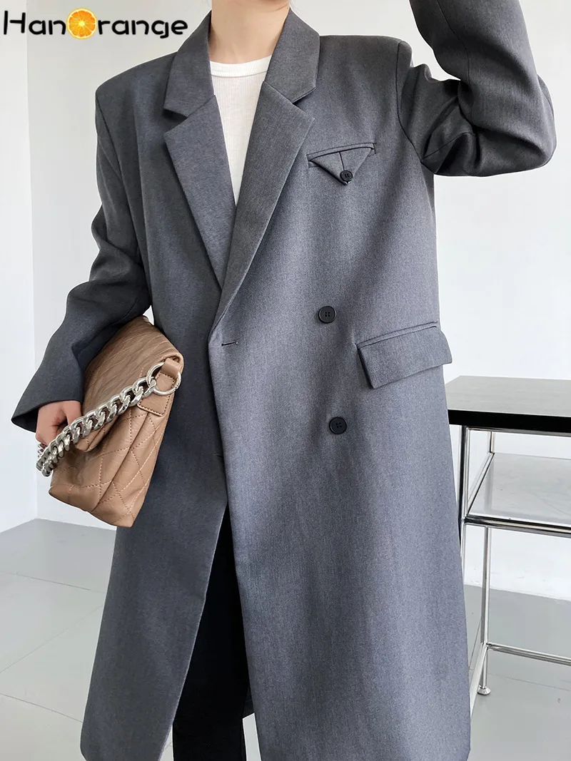 HanOrange Over Knee Long Blazer Women Spring Autumn Long Overcoat Female Black Long Trench Coat Women