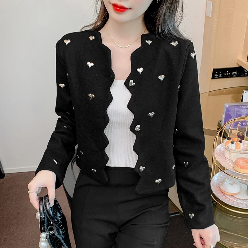 

Fashion High Street Small Fragrant Love Beading Wool Jacket Coat Fall Winter French Vintage Elegant Short Jackets Women Outwear