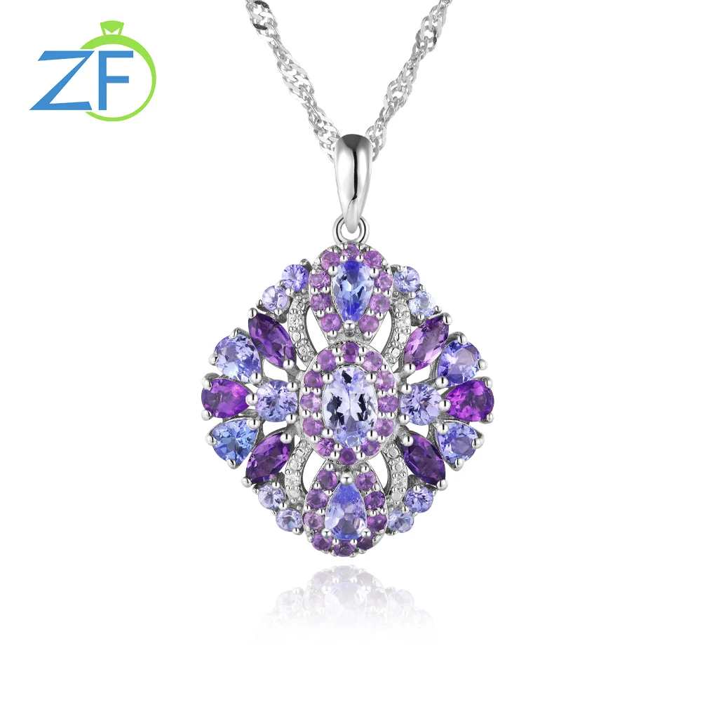 

GZ ZONGFA Genuine 925 Sterling Silver Pendant for Women Natural Amethyst Tanzanite Square Crystal Necklace Gemstone Fine Jewelry