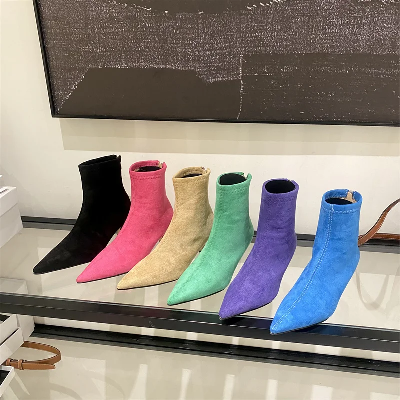 

2023 Winter New Candy Green Color Women Ankle Boots Fashion Pointed Toe Back Zipper Ladies Elegant Short Boots Chelsea Bota