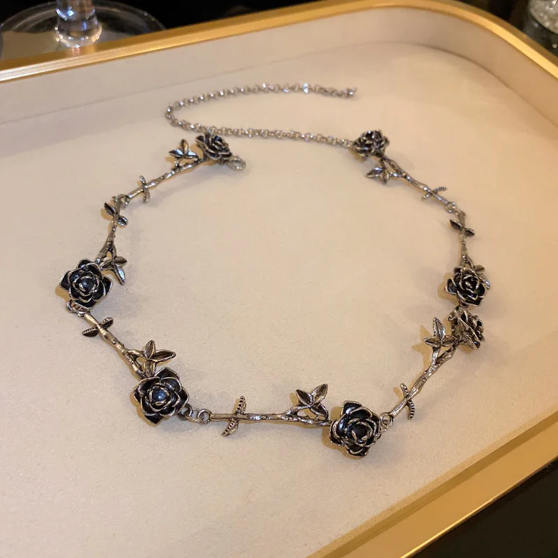 

2022 New Designer Vintage Antique Silver Rose Flower Leaf Choker Necklace For Women Fashion Bijoux Collares Necklaces Wholesale