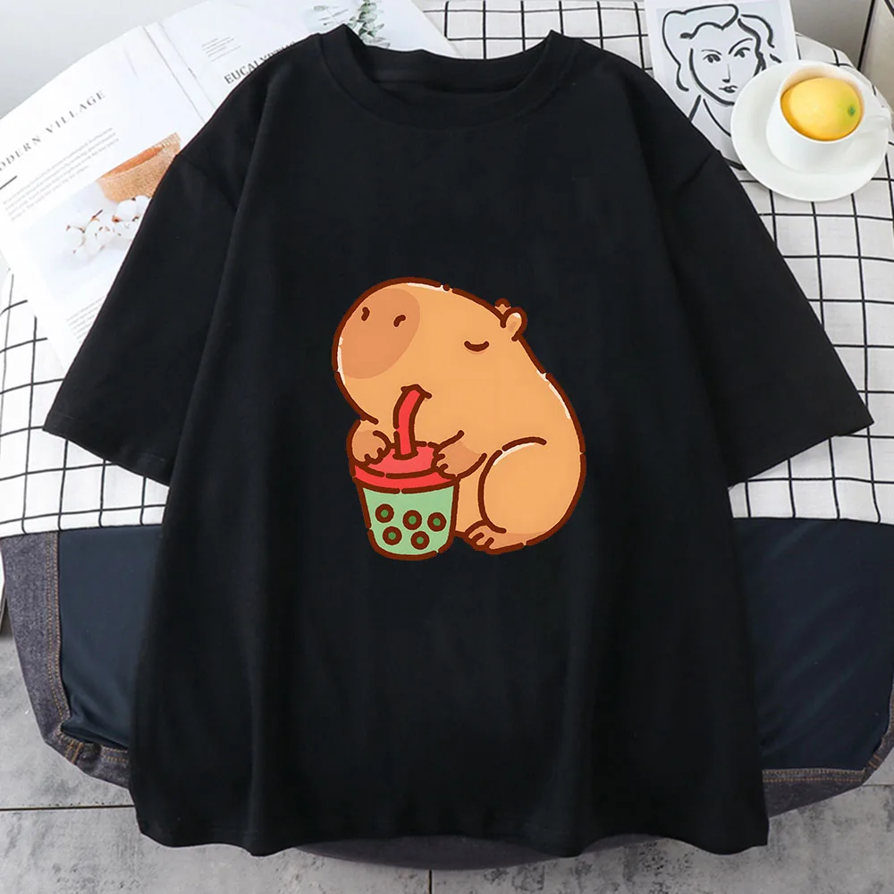 

Capybara Loves Drinking Bubble Tea Summer Funny Printed Loose Short-sleeved T-shirt Couples Trendy Casual Round Neck Tops Women