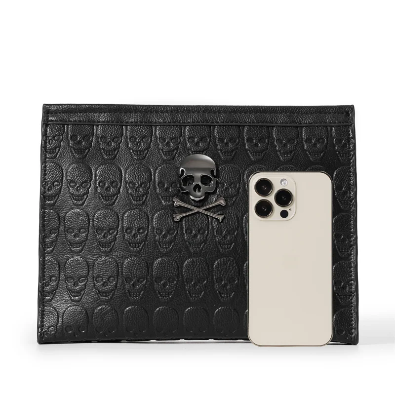 Fashion Rock Style Men's Clutch Bag Embossing Skull Leather Clutch Men Handbags Luxury Business Hand Bag Male Ipad Bag Purse