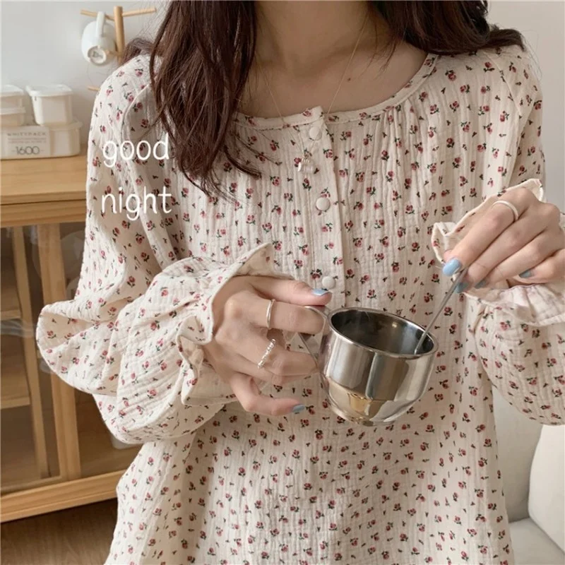 Qweek Women's Pajamas Cotton Home Suit Pyjamas Summer 2021 Korean Pijamas Sleepwear Buttons Printing Pj Set Kawaii Homewear