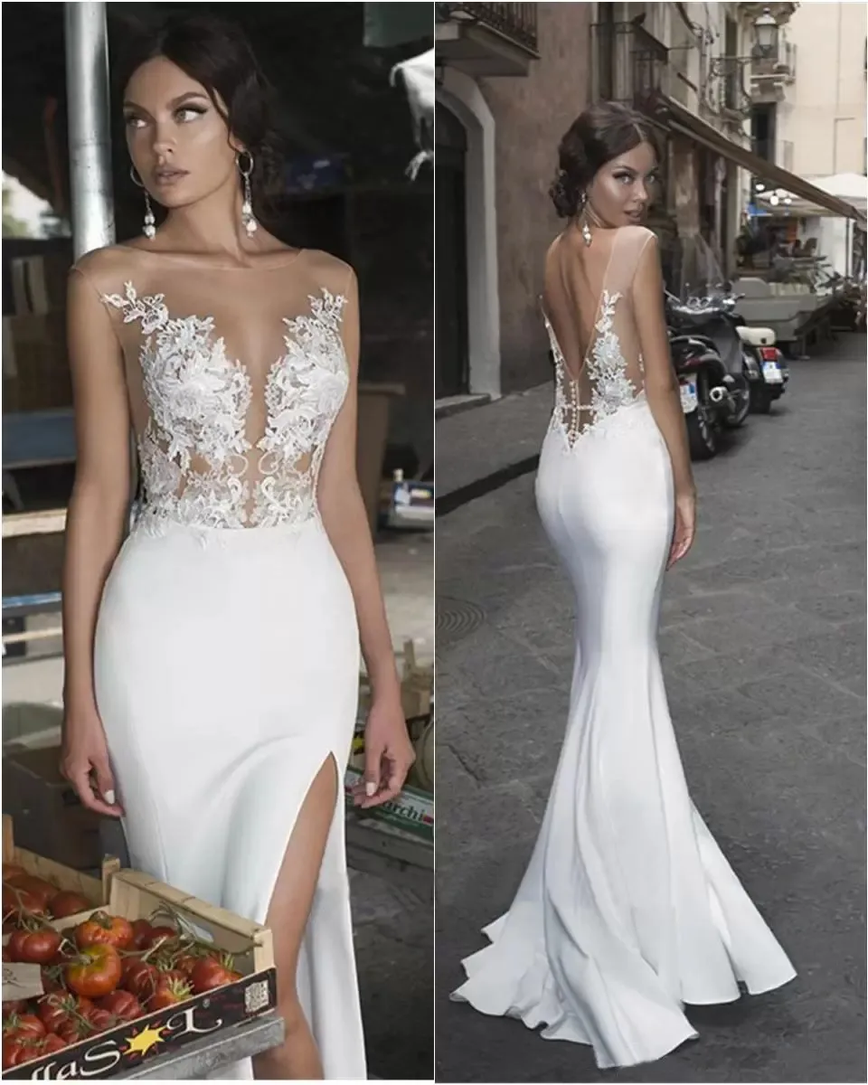 

Sexy Split Slit Wedding Dresses Mermaid Sheer Neck Beach Lace Applique Illusion Top Bodice Bohemian Bridal Gown With Sweep Train