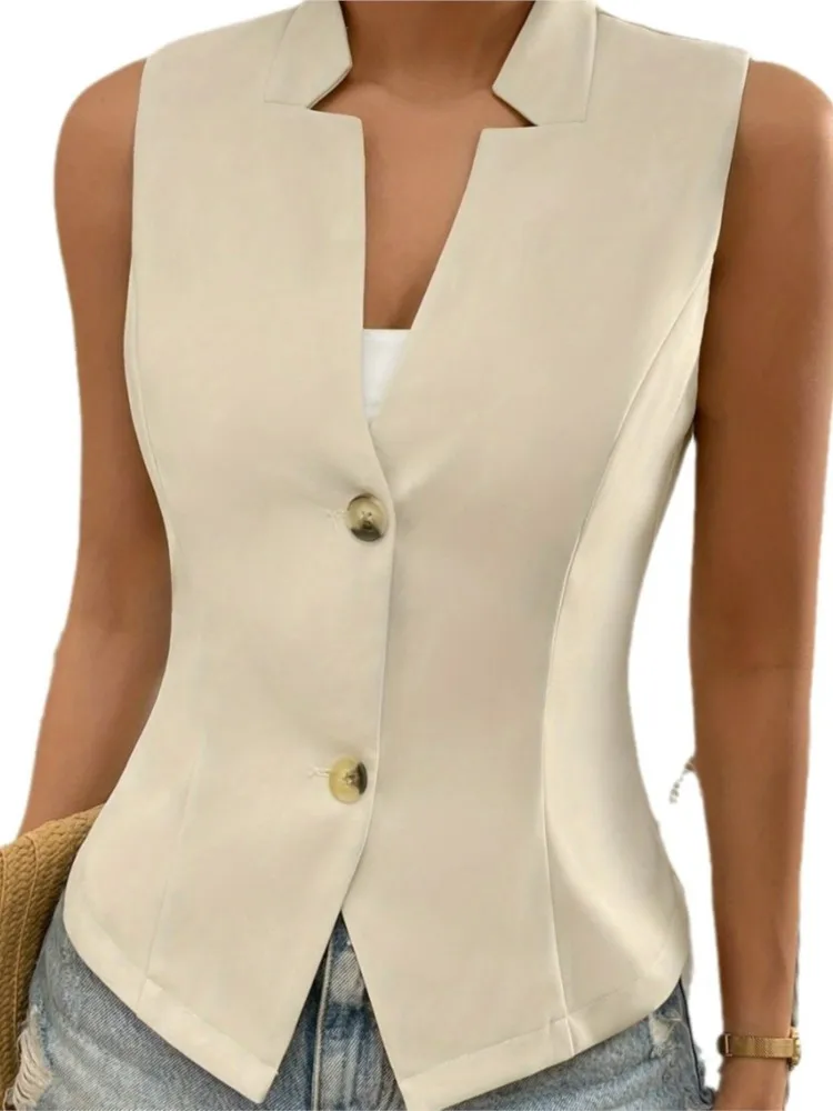 Женский однотонный жилет без рукавов Приталенный на пуговицах с V-образным