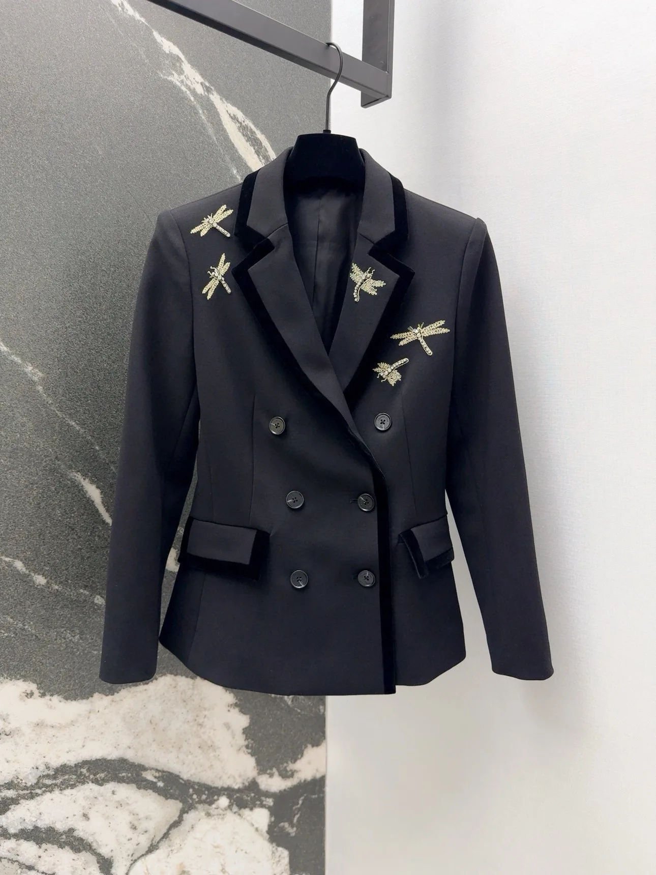 Женский новый роскошный однотонный черный блейзер с вышивкой двубортный пиджак