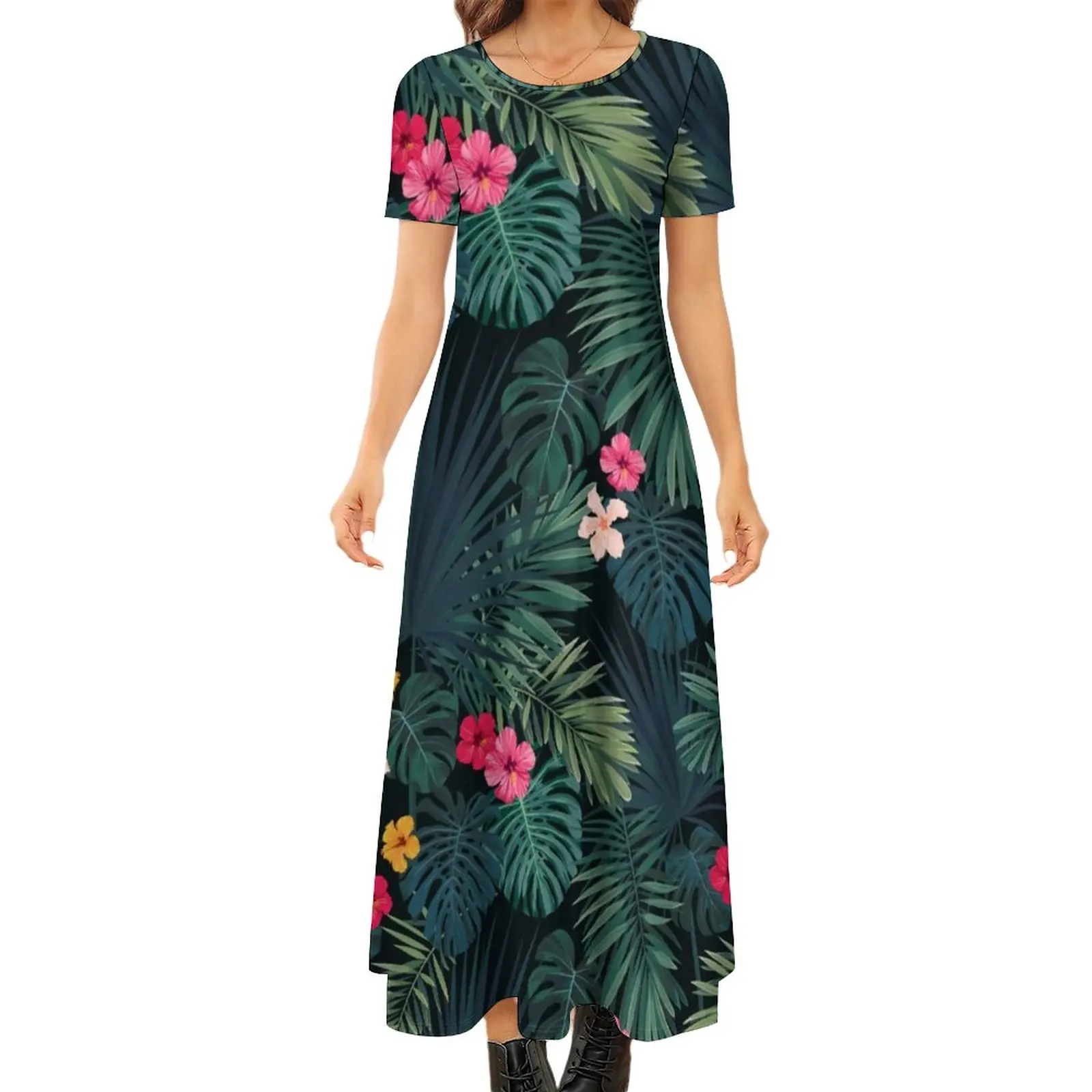 

Tropical Floral Print Dress Hibiscus Blossom Cute Maxi Dress Street Wear Bohemia Long Dresses Short Sleeve Oversize Vestidos