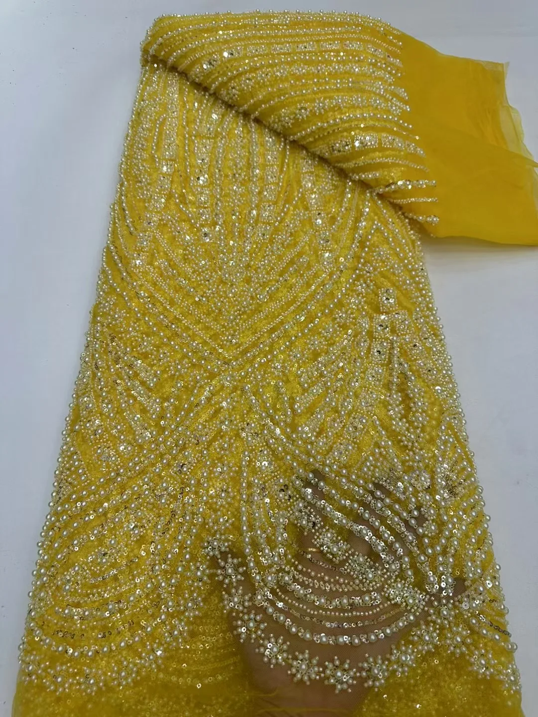 Высококачественная кружевная ткань с бисером для свадебной ткани белое