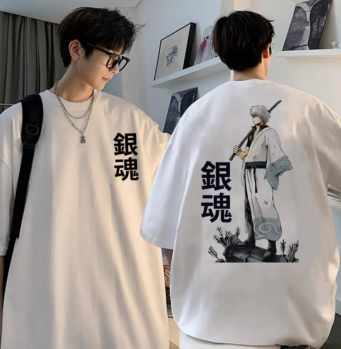 

Japanese Anime Gintama Sakata Gintoki Graphic Tshirt Men Women Manga Black T-shirt Male Cartoon Oversized Cozy Cotton T Shirts