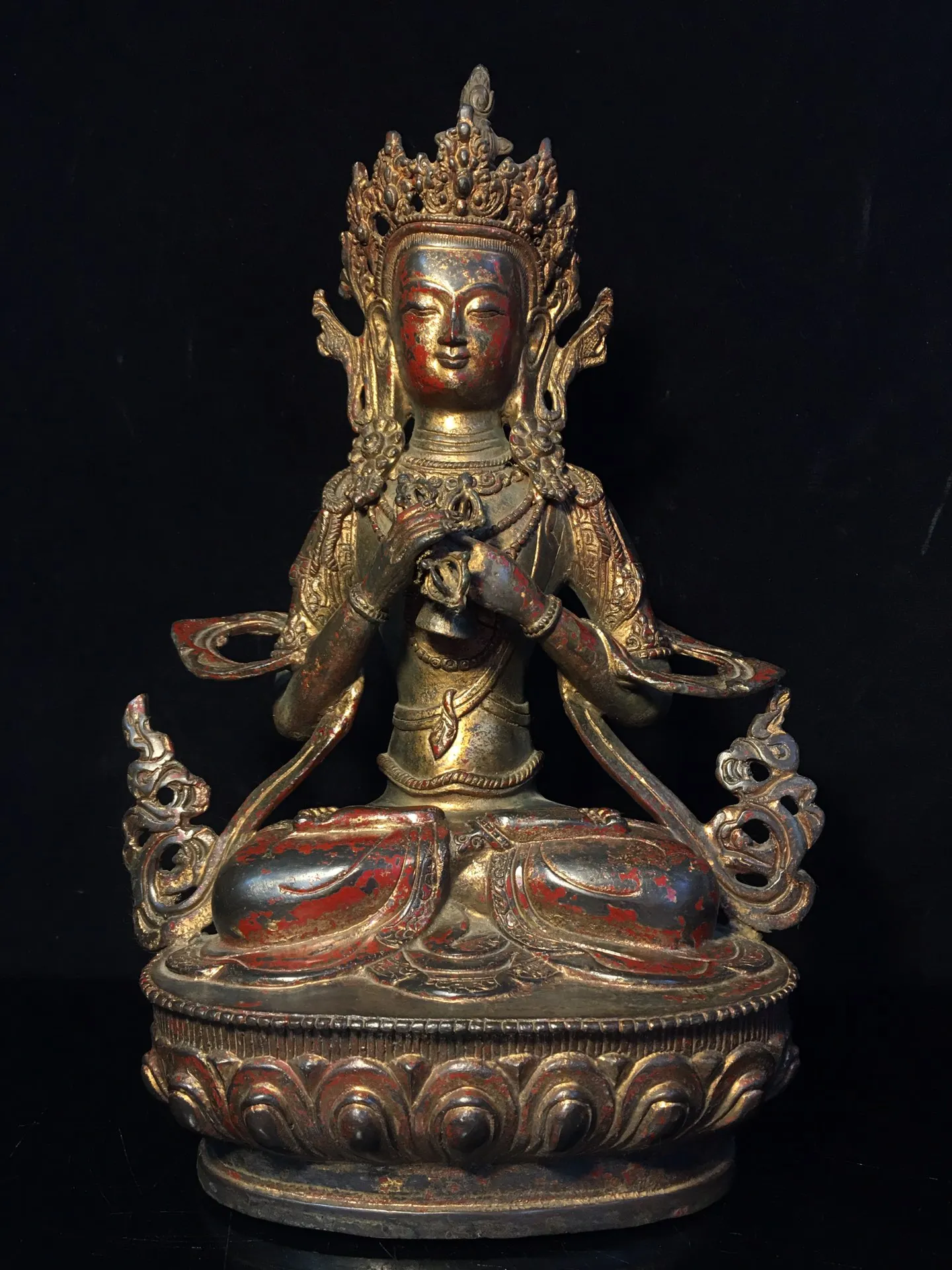 

13"Tibetan Temple Collection Old Bronze Cinnabar Void Bodhisattva Vajra Hand Guanyin Lotus Platform Standing Buddha Worship Hall